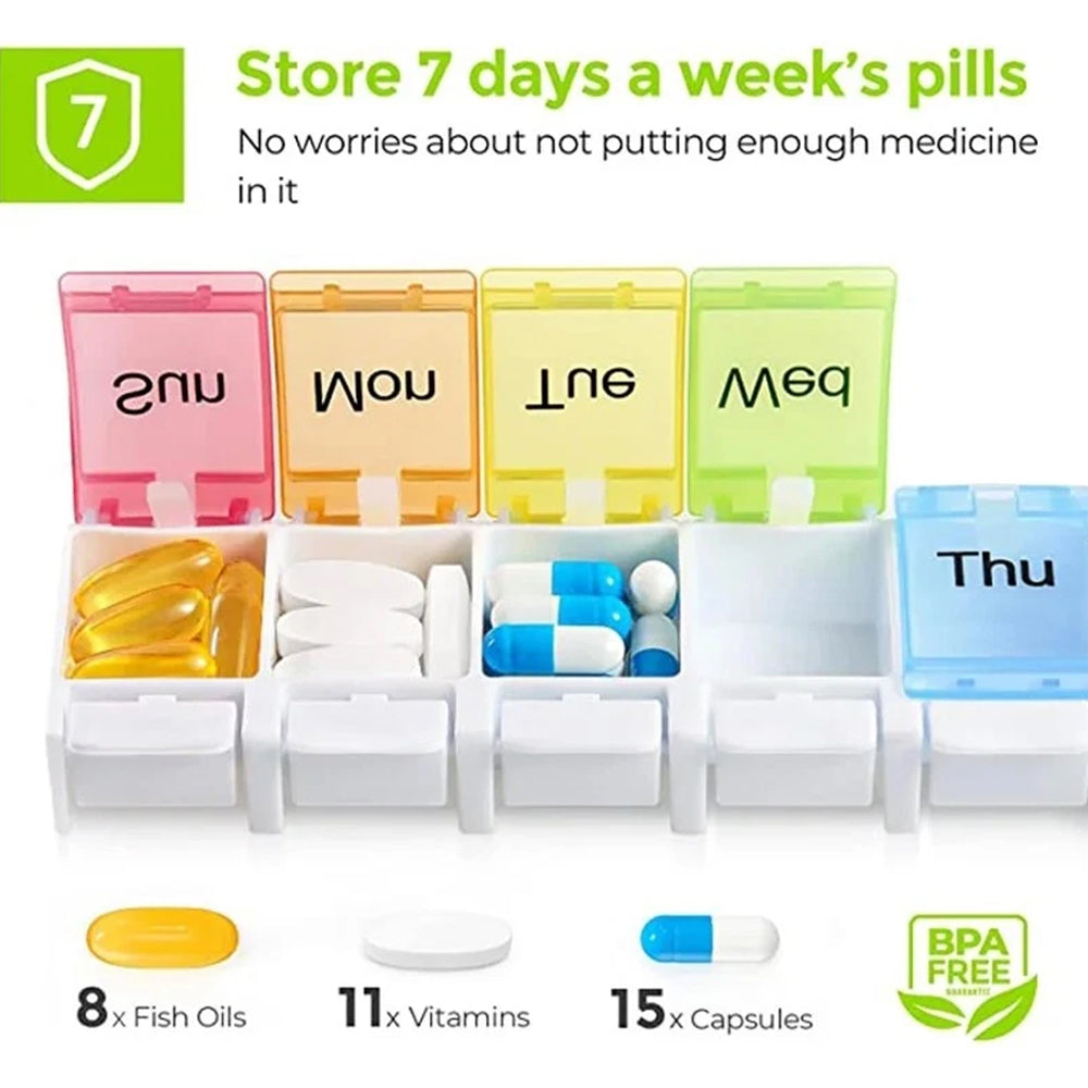 7-Day Pill Organizer with Push-Button Lids - One-Handed Medicine Sorter Box