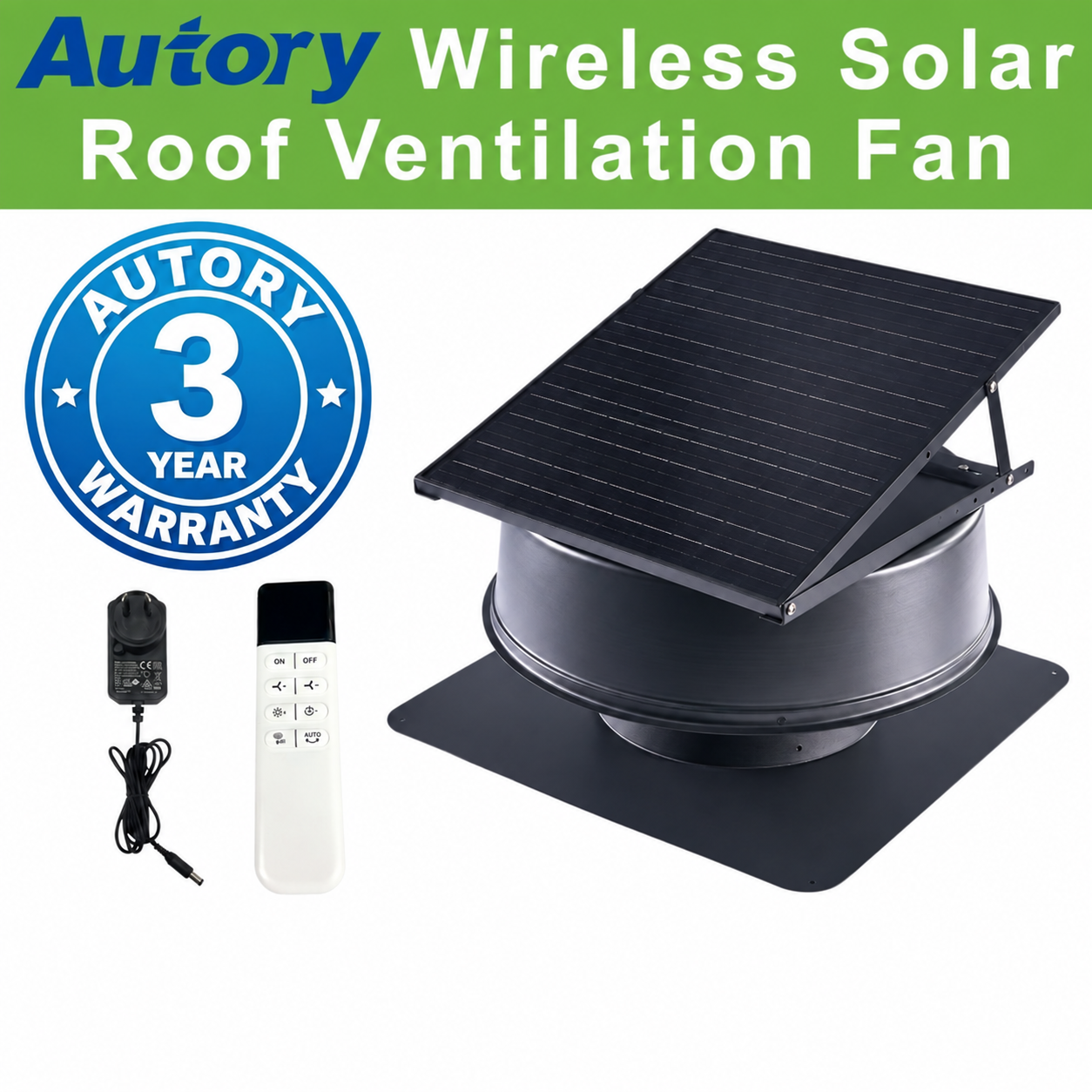 Autory Wireless Solar Roof Vent Fan – 320mm Remote Control Ventilation, Hybrid Power
