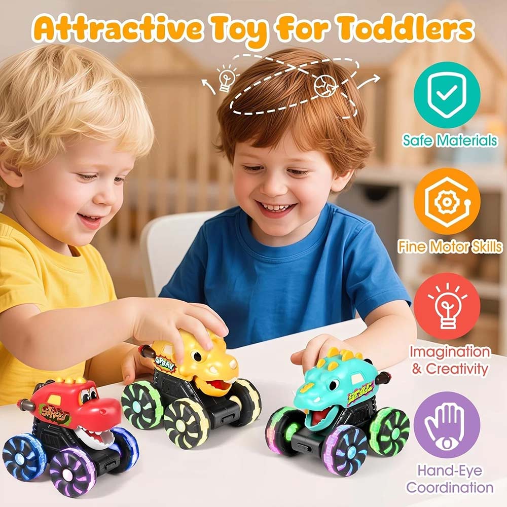 3-Pack Dinosaur Toys Light Up Monster Truck Press and Go Car Toy Set Fun Gift for Boys Girls