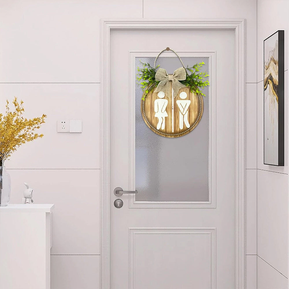 Bathroom Gender Sign – Rustic Wooden Round Hanging Toilet Door Plaque Decor 23CM