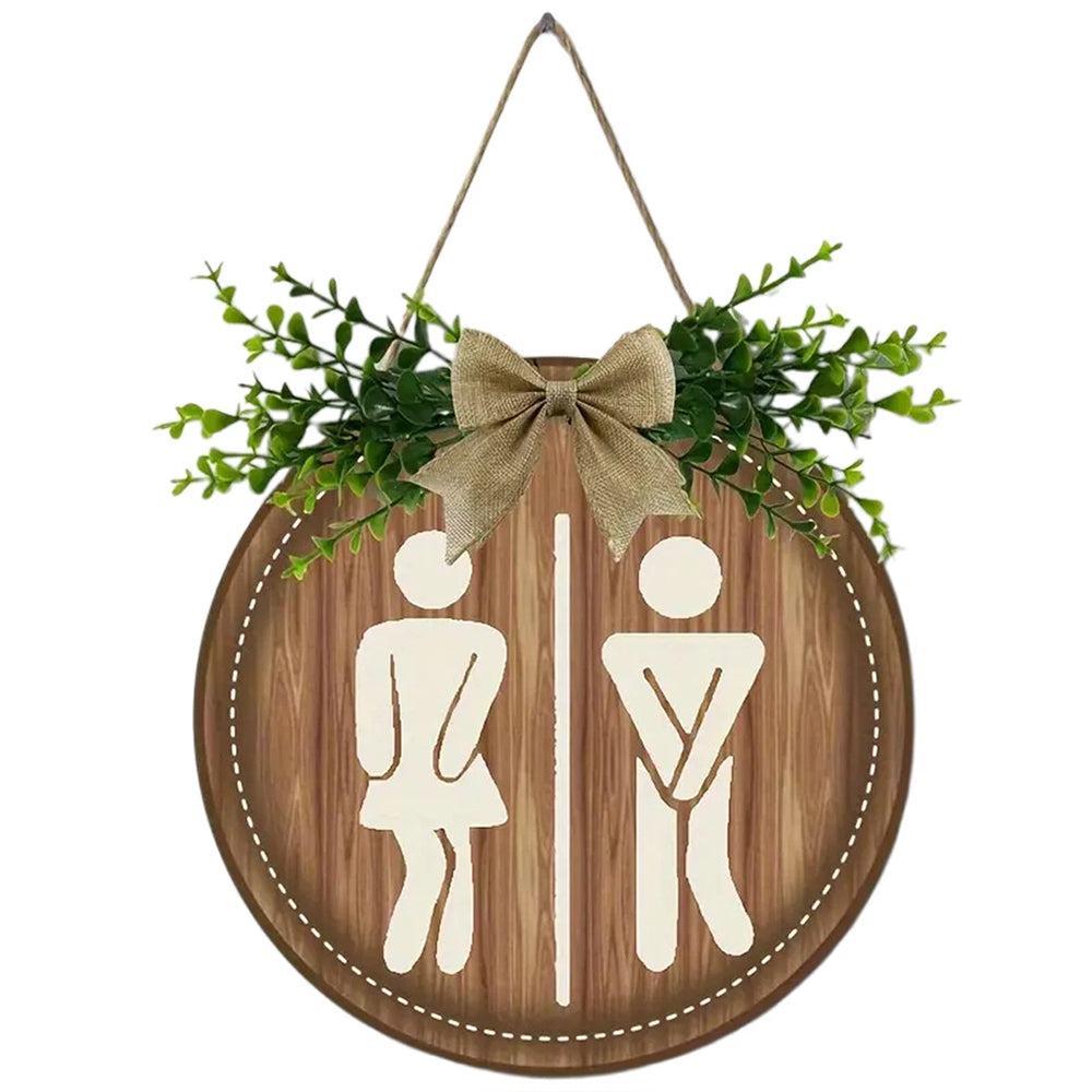 Bathroom Gender Sign – Rustic Wooden Round Hanging Toilet Door Plaque Decor 23CM