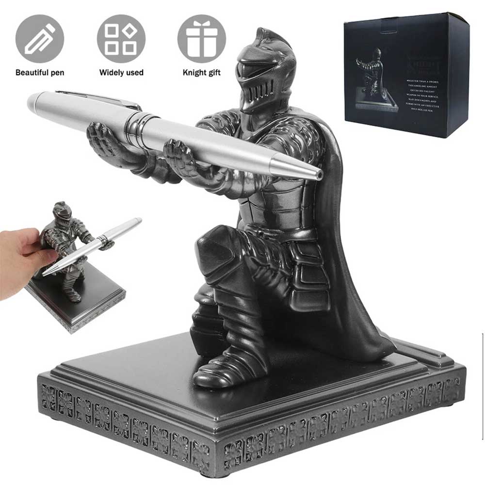 Medieval Knight Pen Holder - Resin Warrior Desk Organizer with Stand for Office & Study Decor