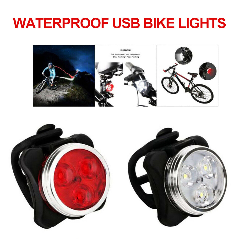 2Pcs USB Rechargeable Bicycle Bike Lights IPX4 Waterproof Front +Tail Light Lamp