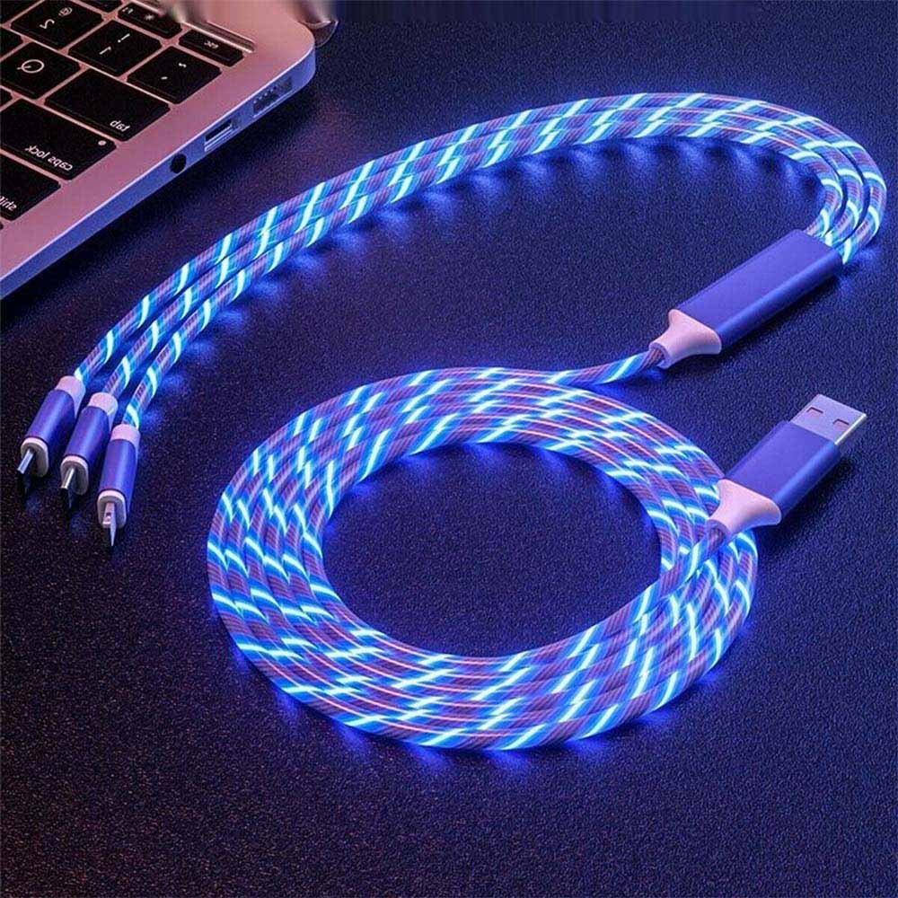 4PCS 1m LED Flowing Light Up 3 in 1 Charging Cable, Micro Type-C iPhone Cable