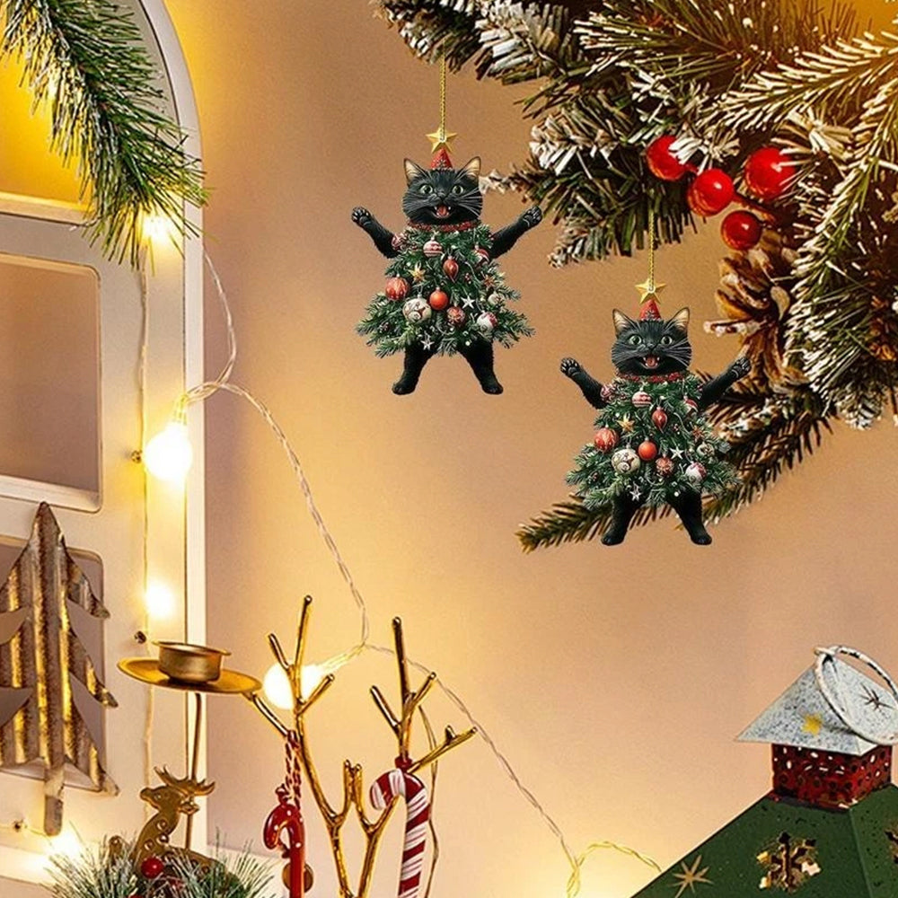 2Pcs Cute Cat in Christmas Tree Costume Hanging Ornaments 2D Acrylic Tree Pendants Decor