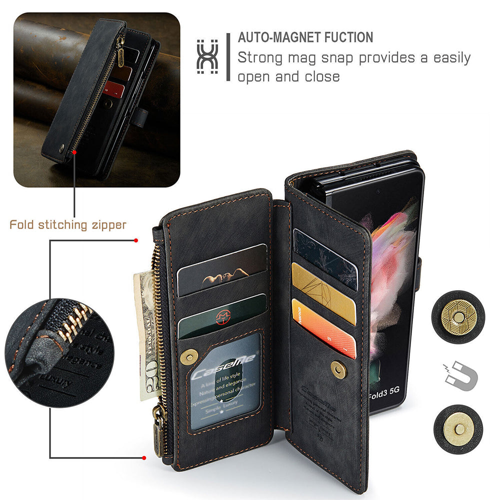For Samsung Galaxy Z Fold3 / Z Fold4 Case Flip Leather Zipper Wallet Stand Cover