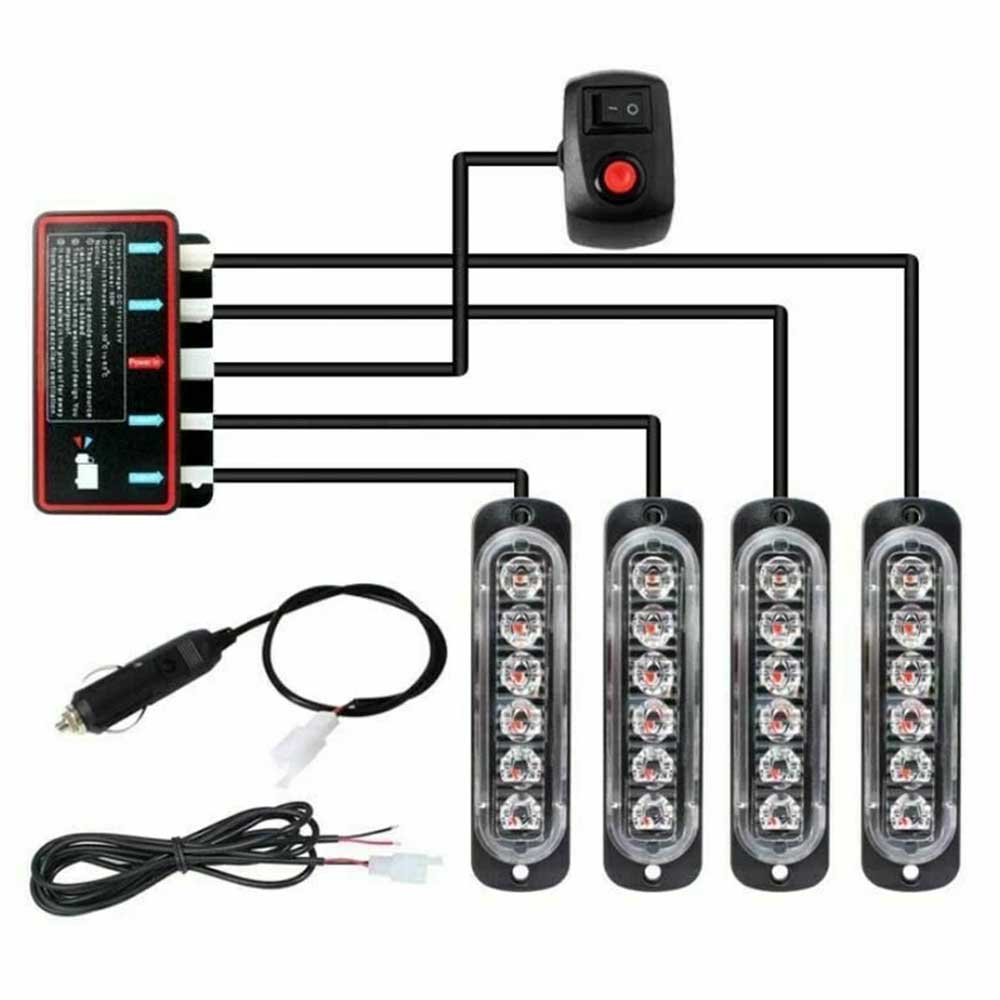 4x 6 LED Amber Strobe Light Bar - 12V Recovery Marker Beacon with 8 Flash Modes