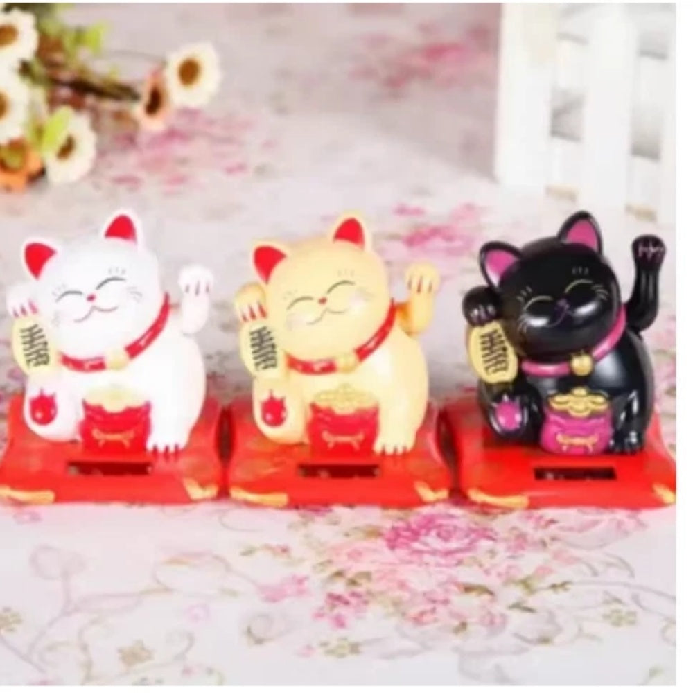 Solar Powered Chinese Maneki Neko Lucky Waving Beckoning Fortune Gift Cat Decor
