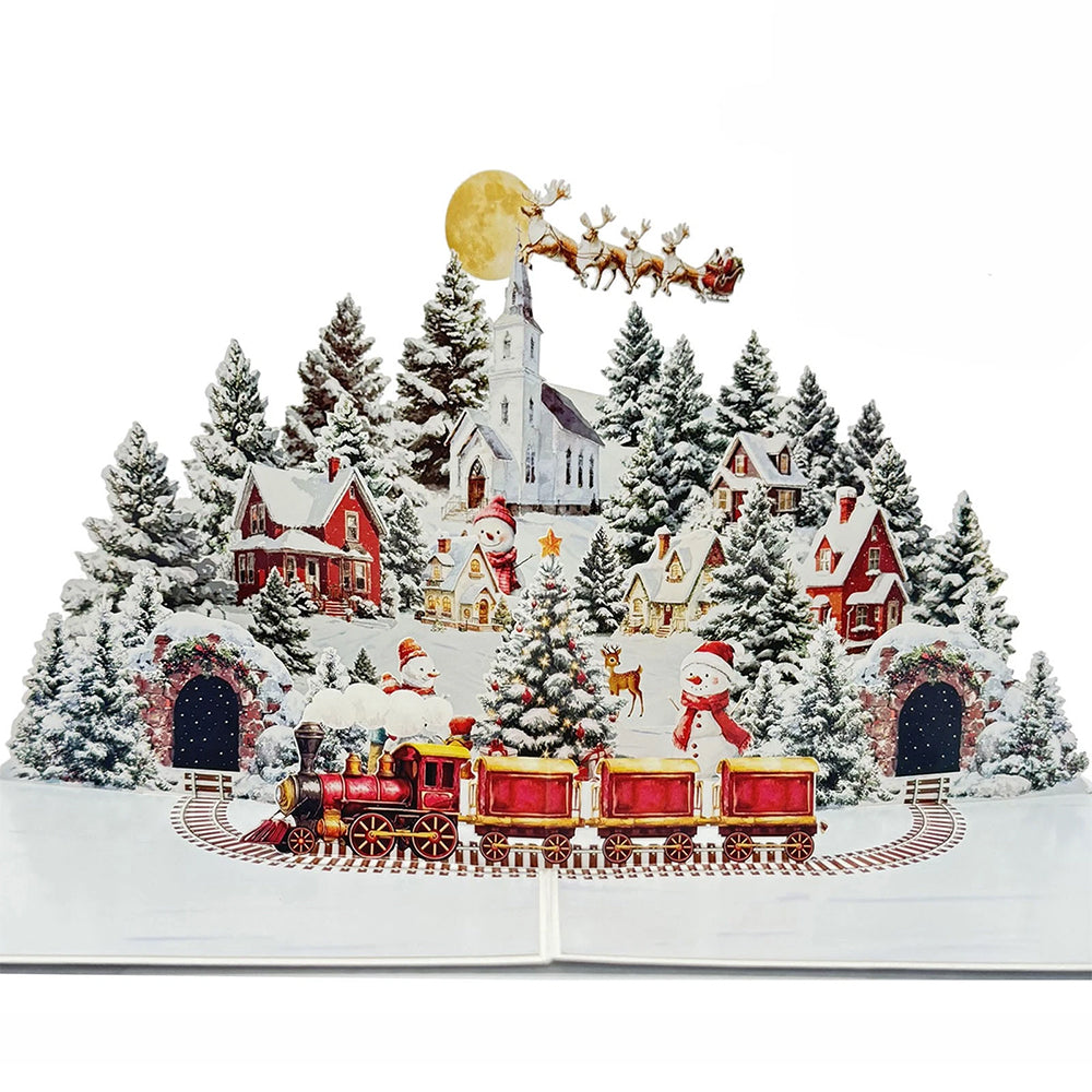 Beautiful 3D Pop-Up Christmas Village Greeting Card – Snowman, Reindeer & Fir Trees Winter Scene