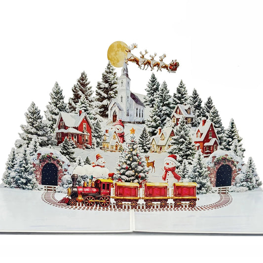 Beautiful 3D Pop-Up Christmas Village Greeting Card – Snowman, Reindeer & Fir Trees Winter Scene