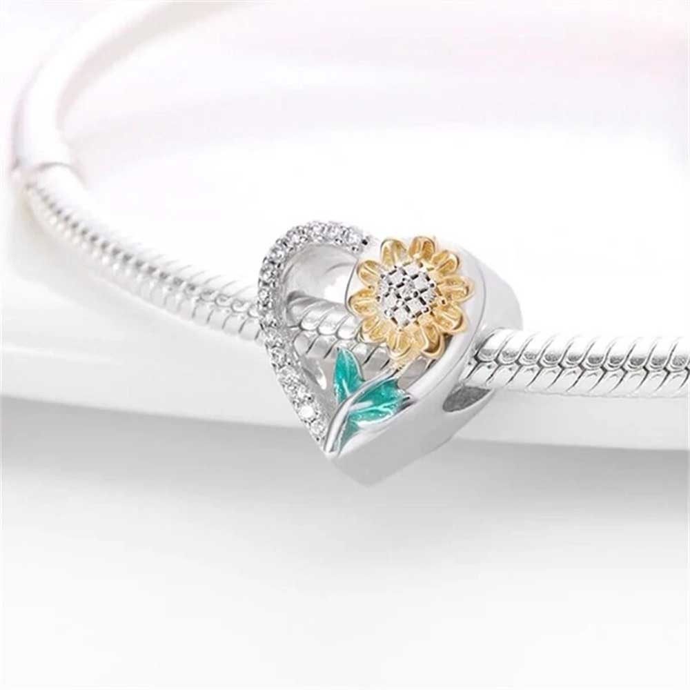 Sunflower Heart Charm For European Bracelets S925 Sterling Silver