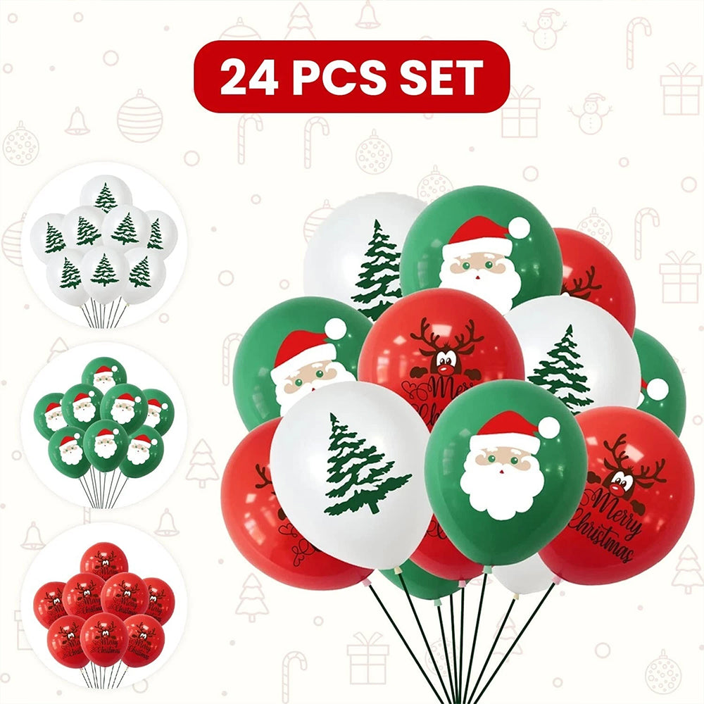24-Pack Christmas Latex Balloons -Red, Green & White Santa & Tree Print Party Decorations