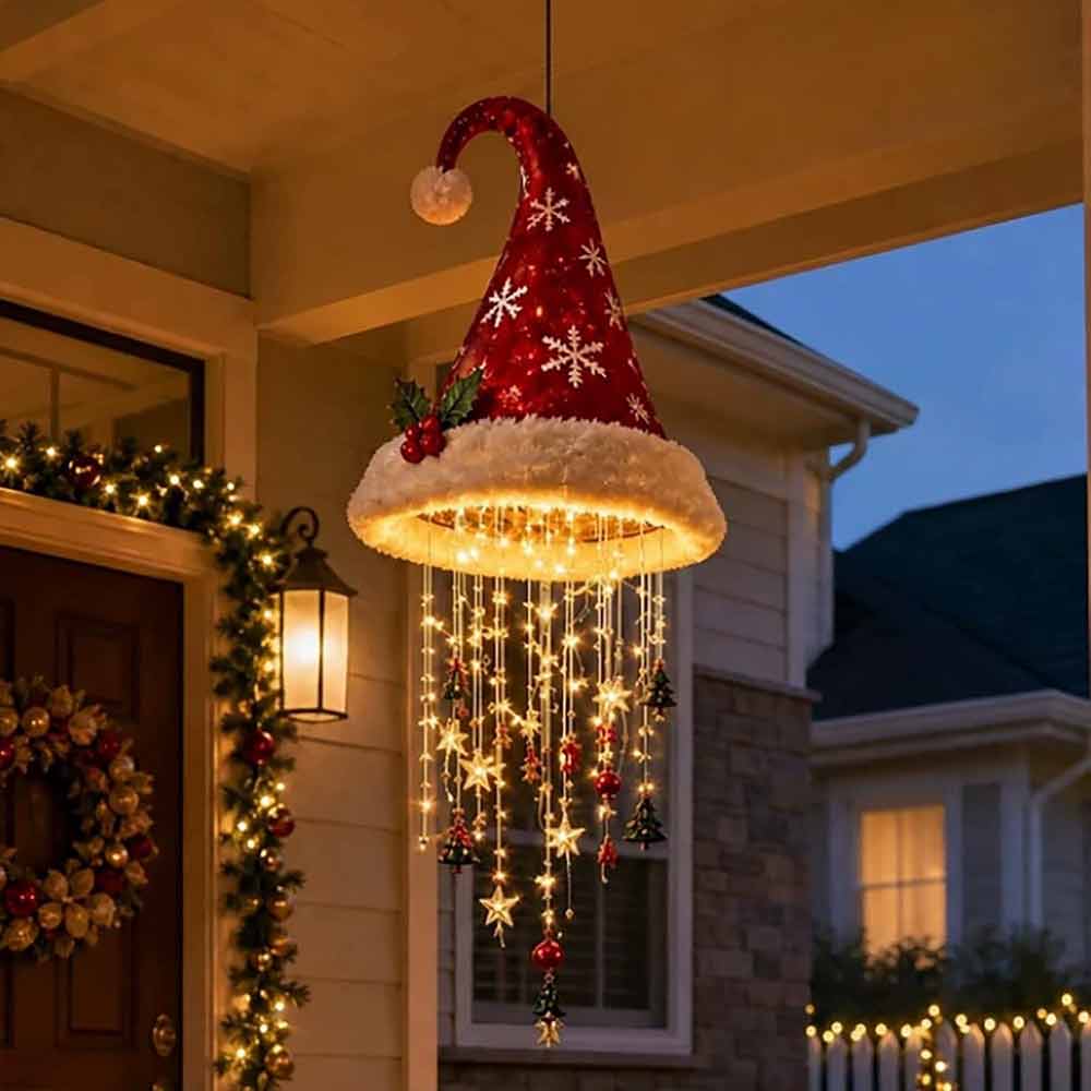 LED Santa Hat Decoration – Hanging Chandelier Light with Star Tassel for Christmas