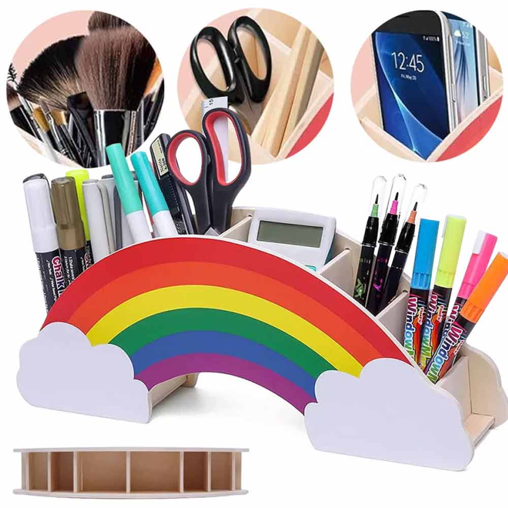 Rainbow Wooden Pen Holder DIY Pencil Container Storage Box Phone Desk Organizer