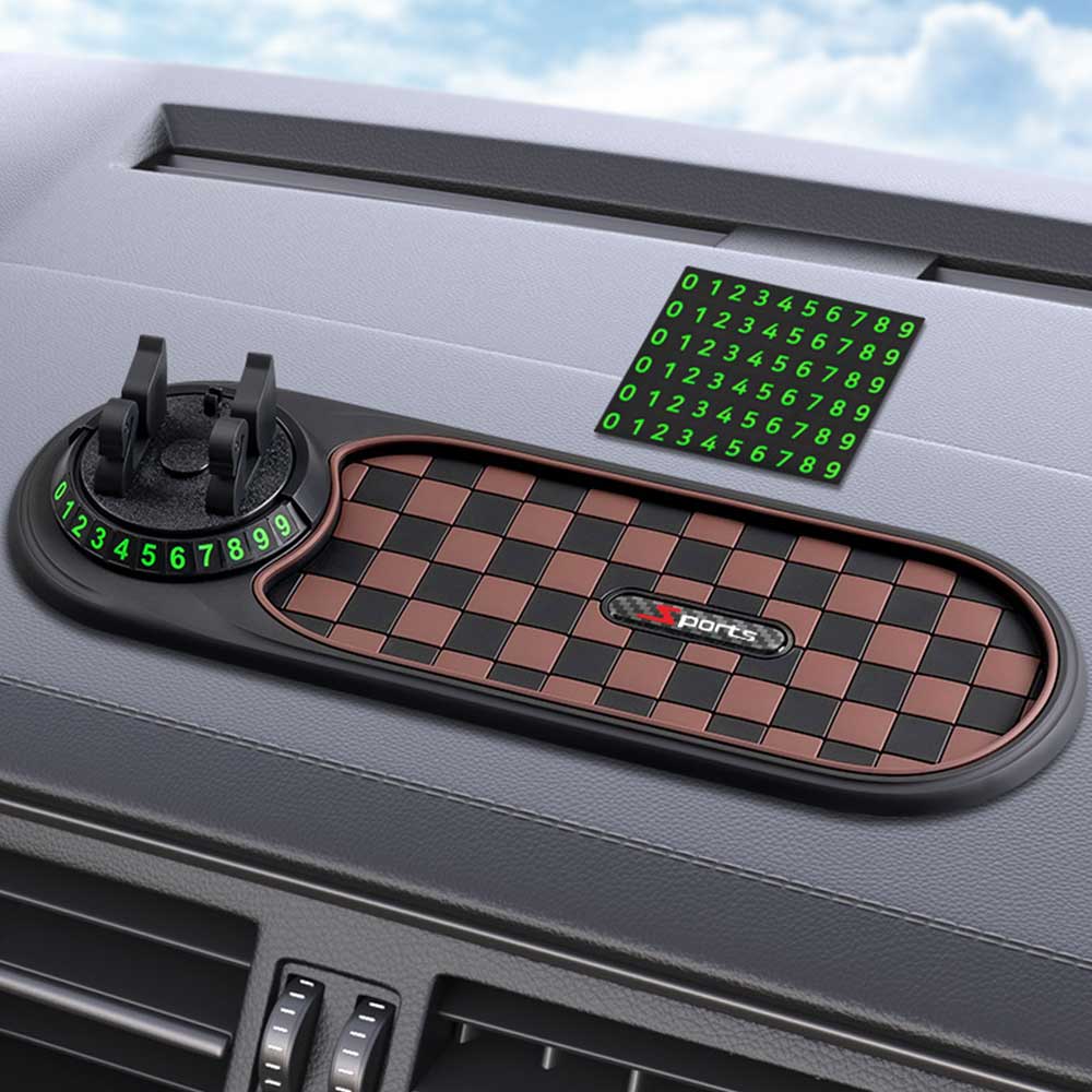 Universal Car Dashboard Anti-Slip Mat with 360° Rotatable Phone Holder & Built-in Parking Number Plate