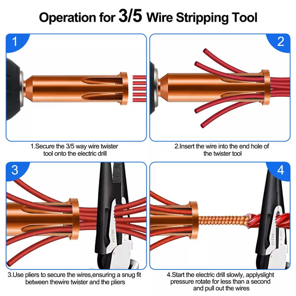 3-Piece Wire Stripper & Twister Set – Cable Stripping & Cap Twisting Tool with 1/4" Chuck