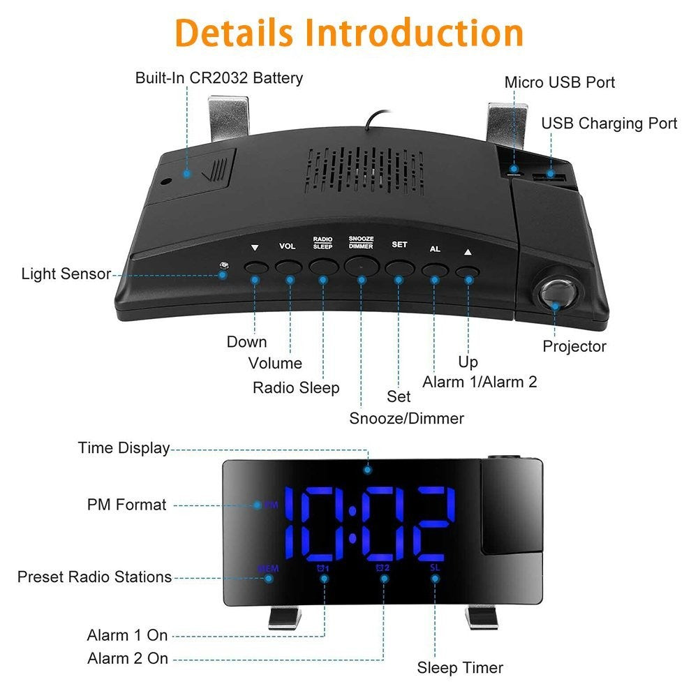 LED Digital Alarm Clock – Radio Projection Clock with Curved Screen & Dual Alarms