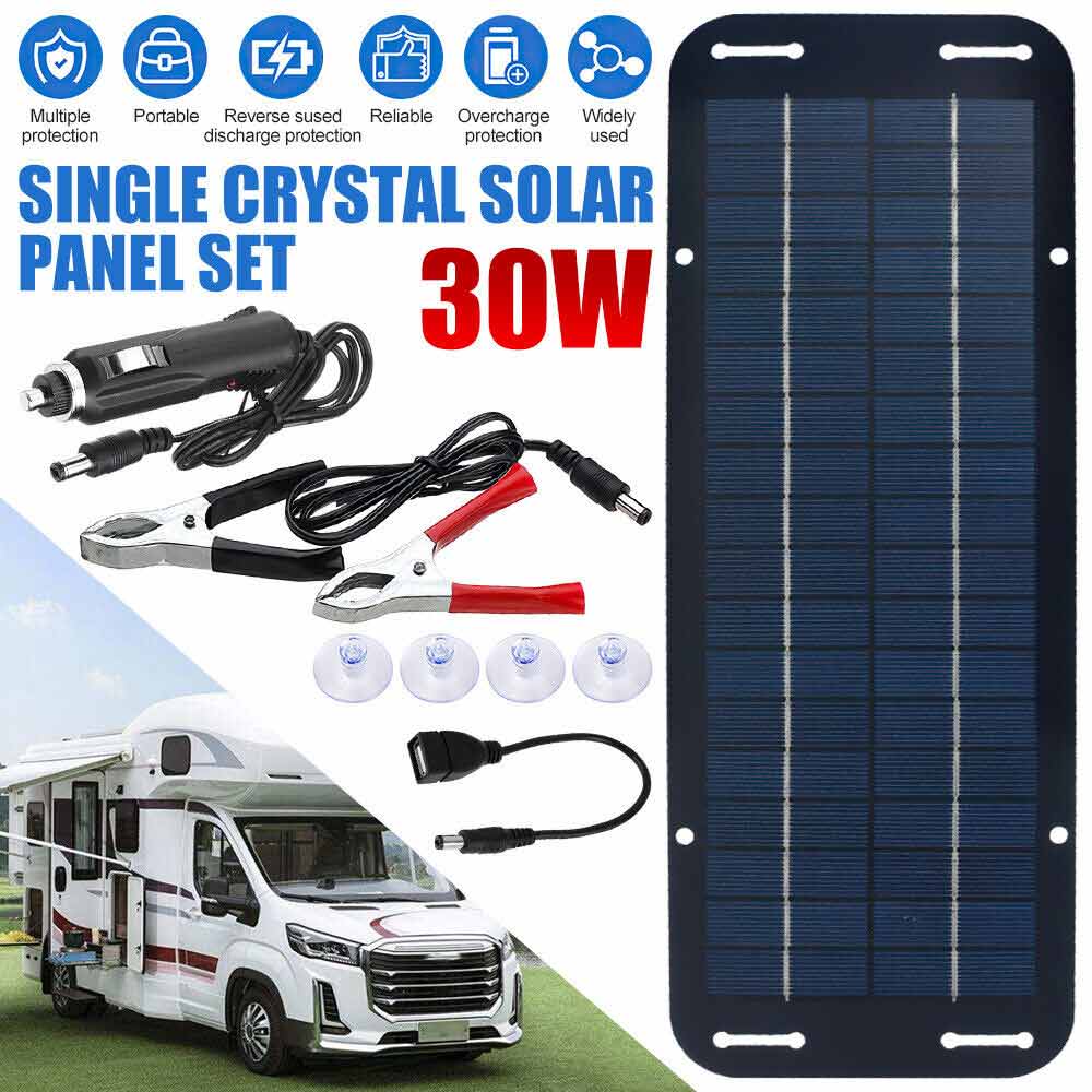 12V 30W Solar Panel Trickle Car Battery Charger Power Portable Waterproof Boat