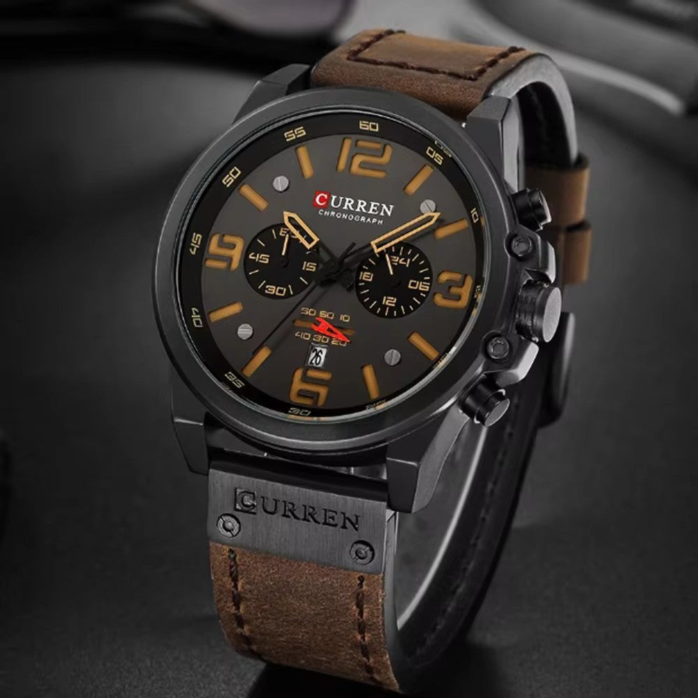 Men's Business Quartz Watch – Leather Chronograph Calendar 47mm Multifunction