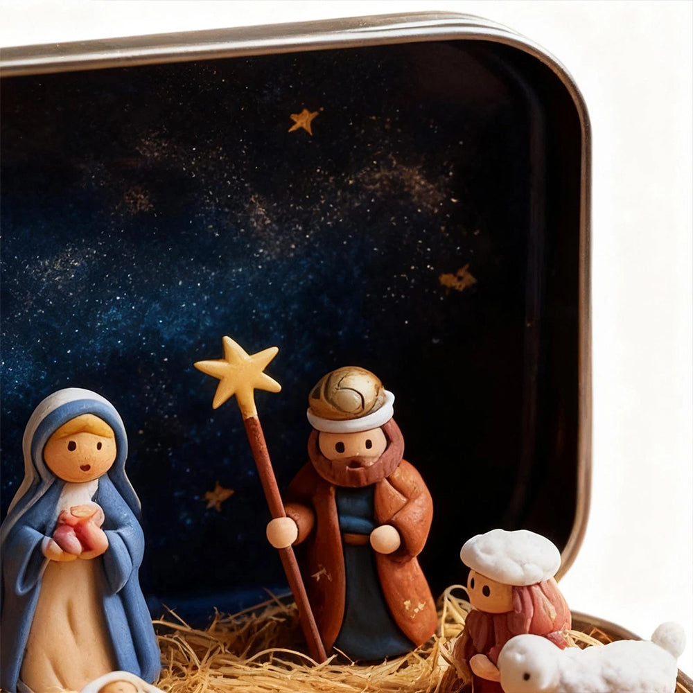 Mini Christmas Nativity Set in Tin Box – Portable 3D Pocket Nativity Scene with Resin Figurines