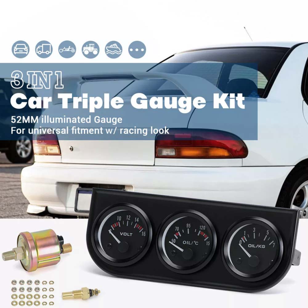52mm Car Electronic Triple Gauge Kit Oil Pressure + Water + Tem +Voltmeter Meter