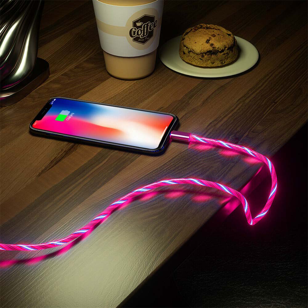4PCS 1m LED Flowing Light Up 3 in 1 Charging Cable, Micro Type-C iPhone Cable