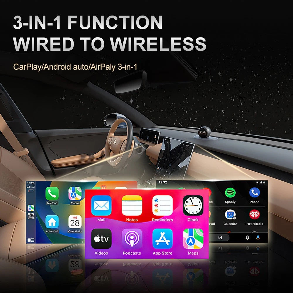 3-in-1 Wireless CarPlay & Android Auto Adapter - iOS Mirror, USB Plug & Play