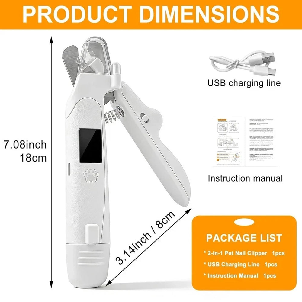 Pet Nail Clipper Grinder 3-in-1 – LED Dog Claw Trimmer, Quiet USB Rechargeable