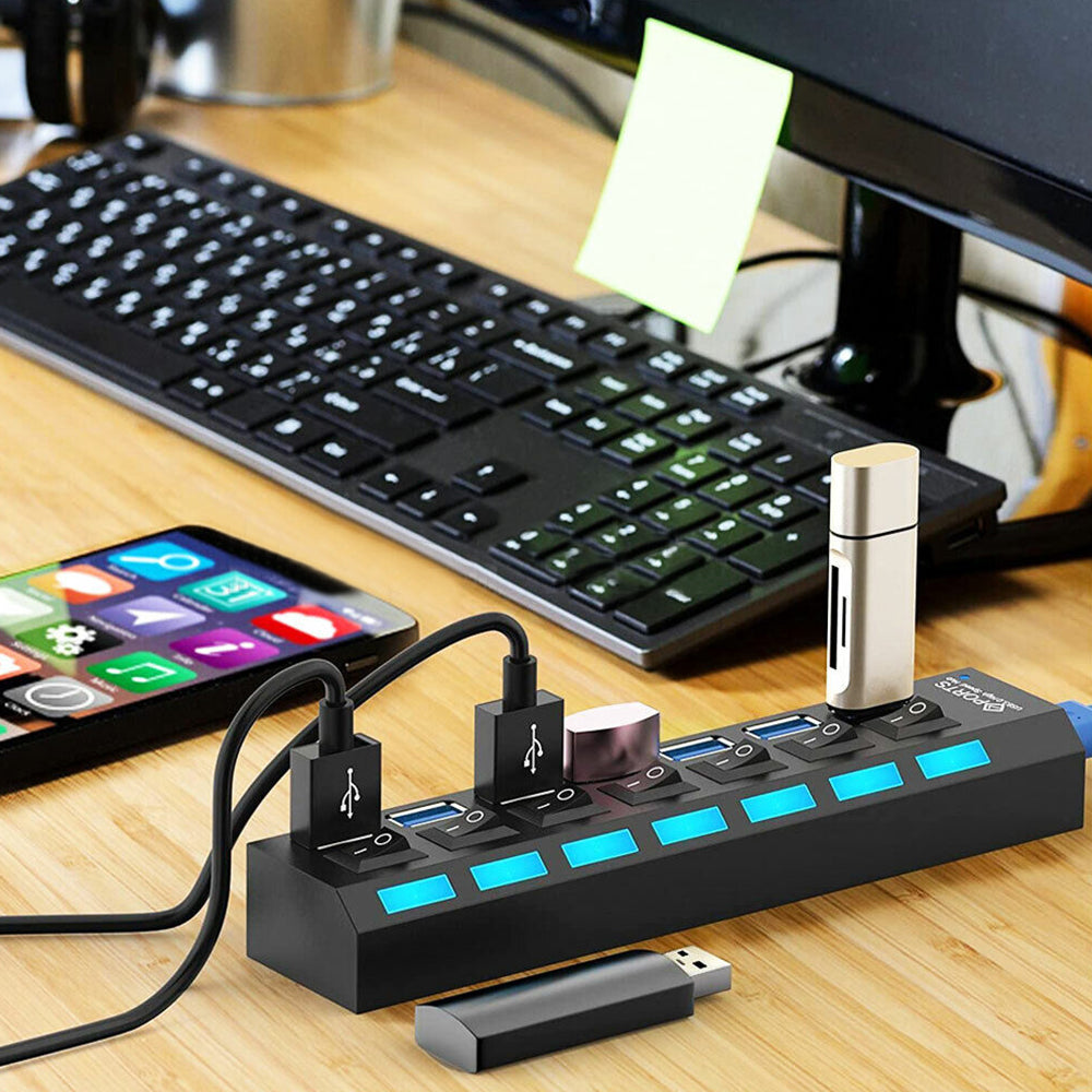 7 Port USB 3.0 HUB Powered +High Speed Splitter Extender PC AC Adapter Cable