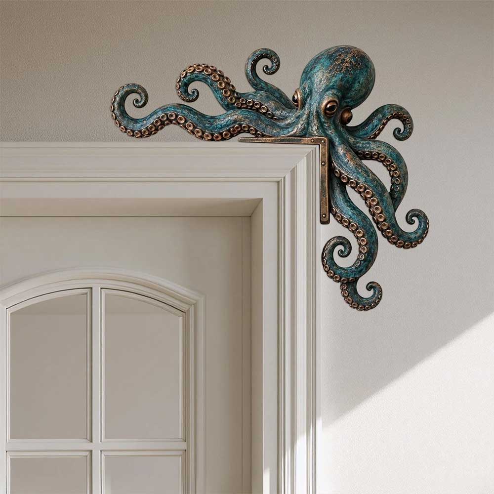 1Pair Octopus Door Frame Decor – Wooden Nautical Door Corner Statue, 20cm