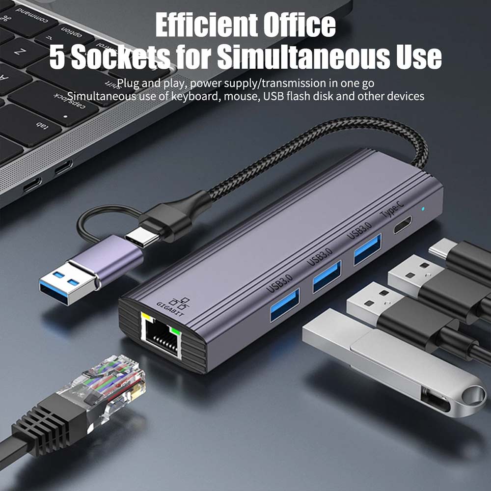 5-in-1 USB C to Gigabit Ethernet Adapter - 1000Mbps RJ45 LAN with 3 USB 3.0 Ports