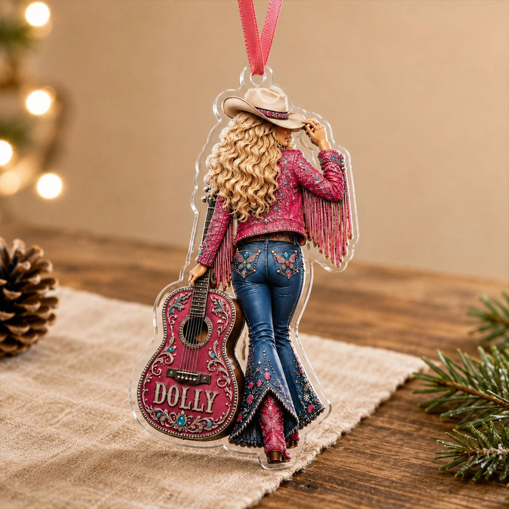 2D Dolly Parton Ornament – Acrylic Pink Fringe Guitar Christmas Decoration