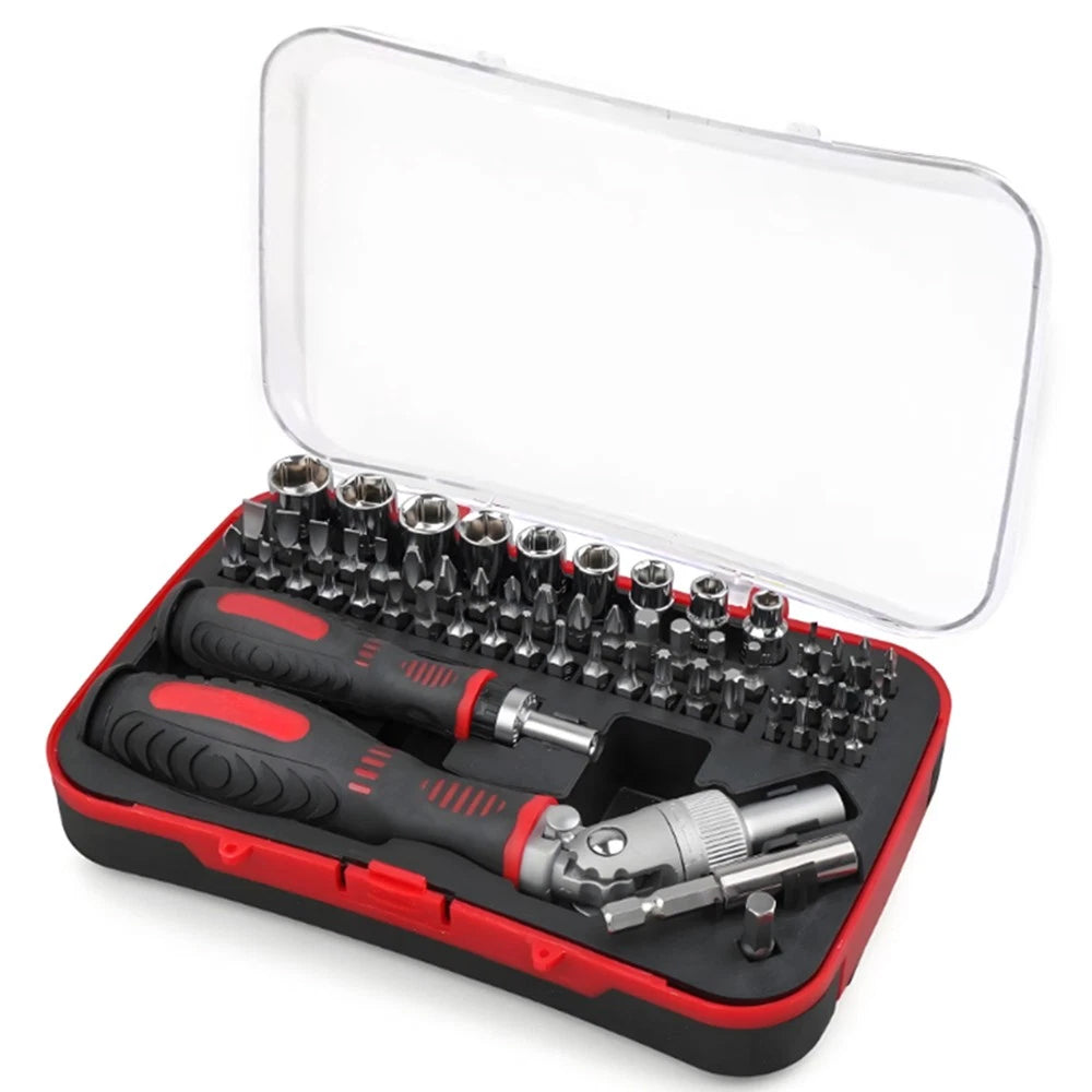 61-Piece Ratchet Screwdriver Set - 1/4" Hex Torx & Socket Kit with Right-Angle Handle