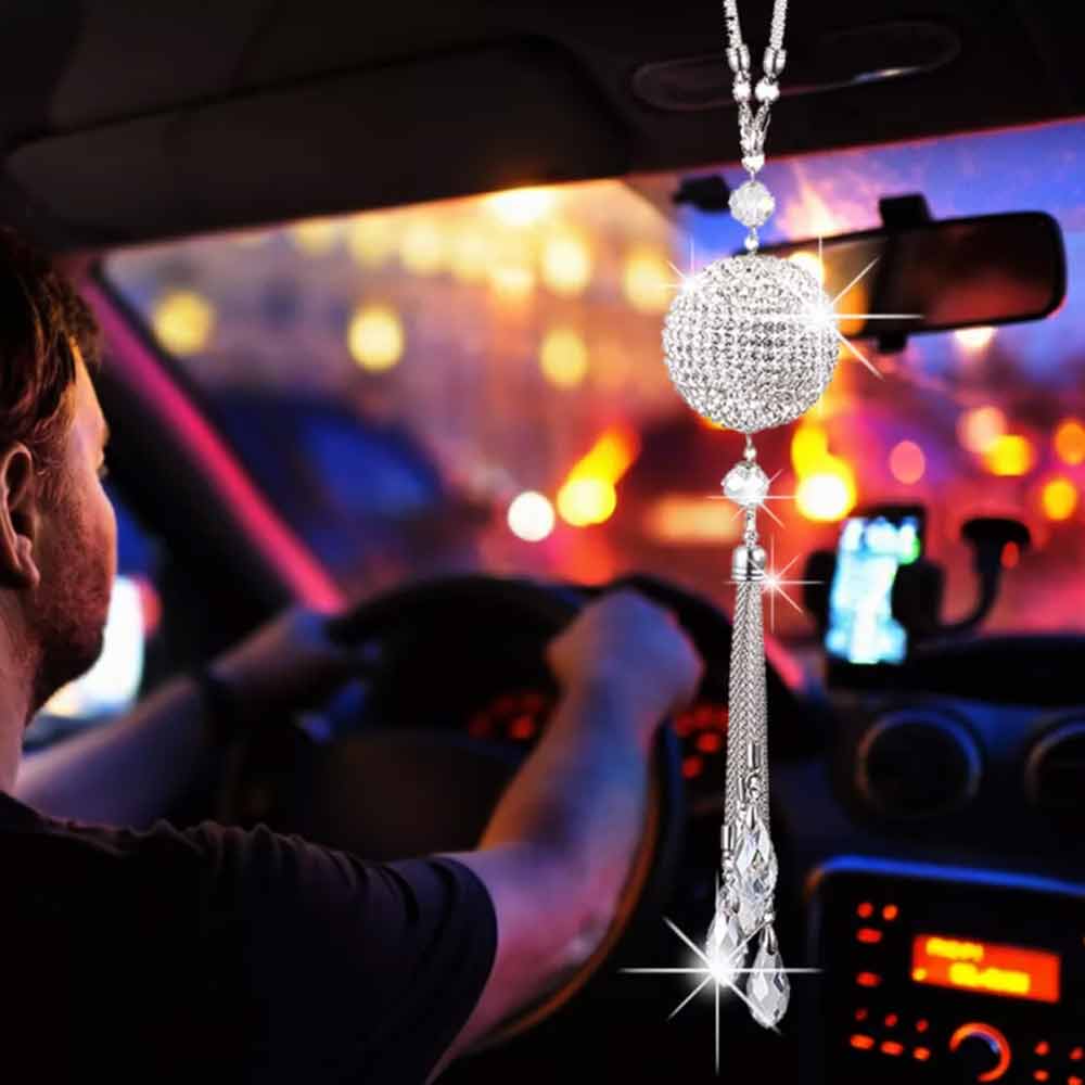 White Crystal Disco Ball Charm Hanging Ornament Car Rear View Mirror Pendant