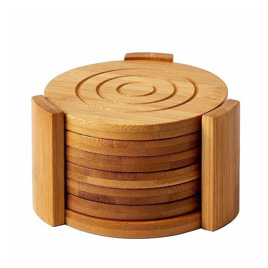 6 Natural Bamboo Drink Coasters Set - Round Tea Coffee Cup Mat Holder