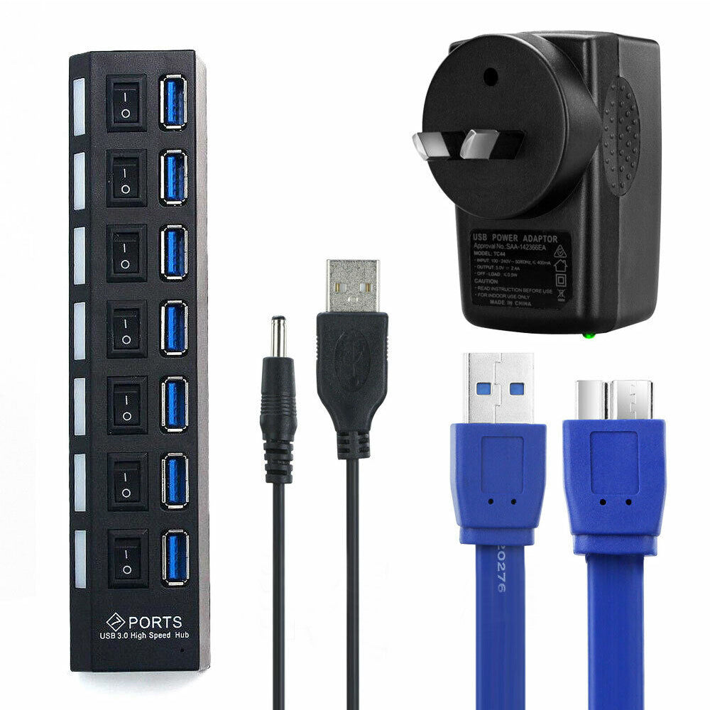 7 Port USB 3.0 HUB Powered +High Speed Splitter Extender PC AC Adapter Cable