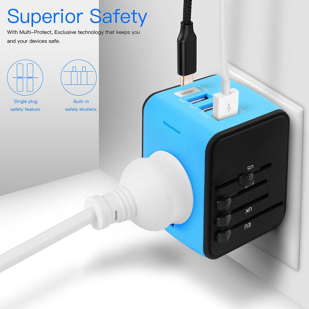 Universal World Travel Adapter 3 USB + Type-C Charger US/UK/EU/AU Plug Converter