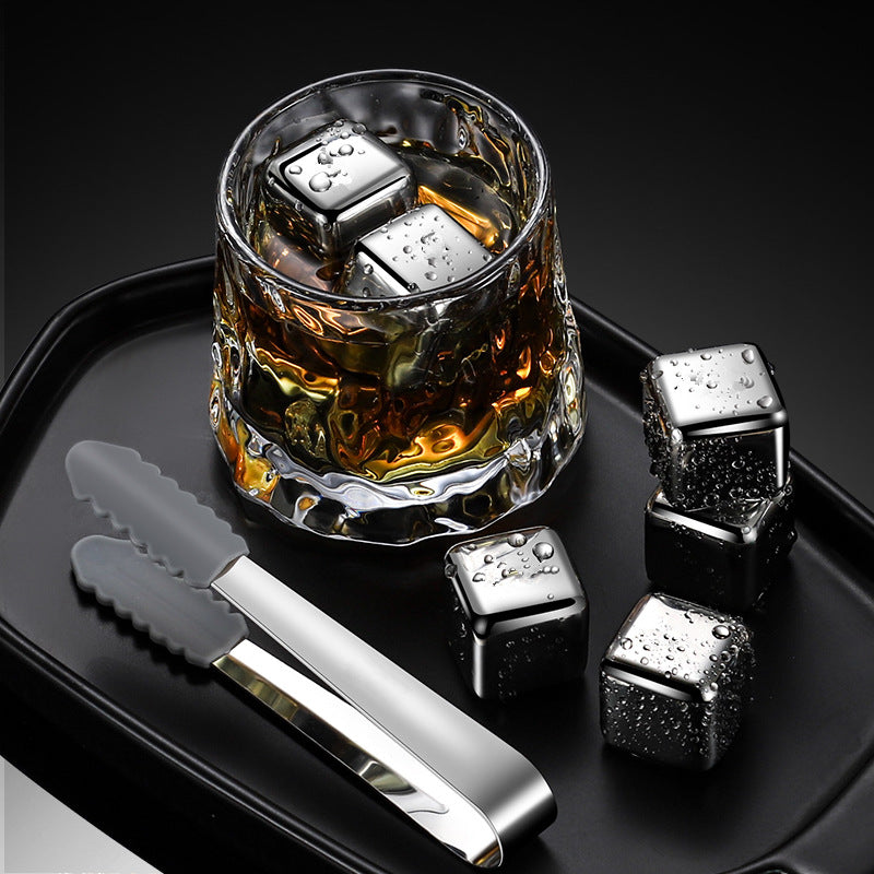 6Pcs Stainless Steel Whiskey Wine Stone Ice Cube With Tong Reusable Cooling Rock
