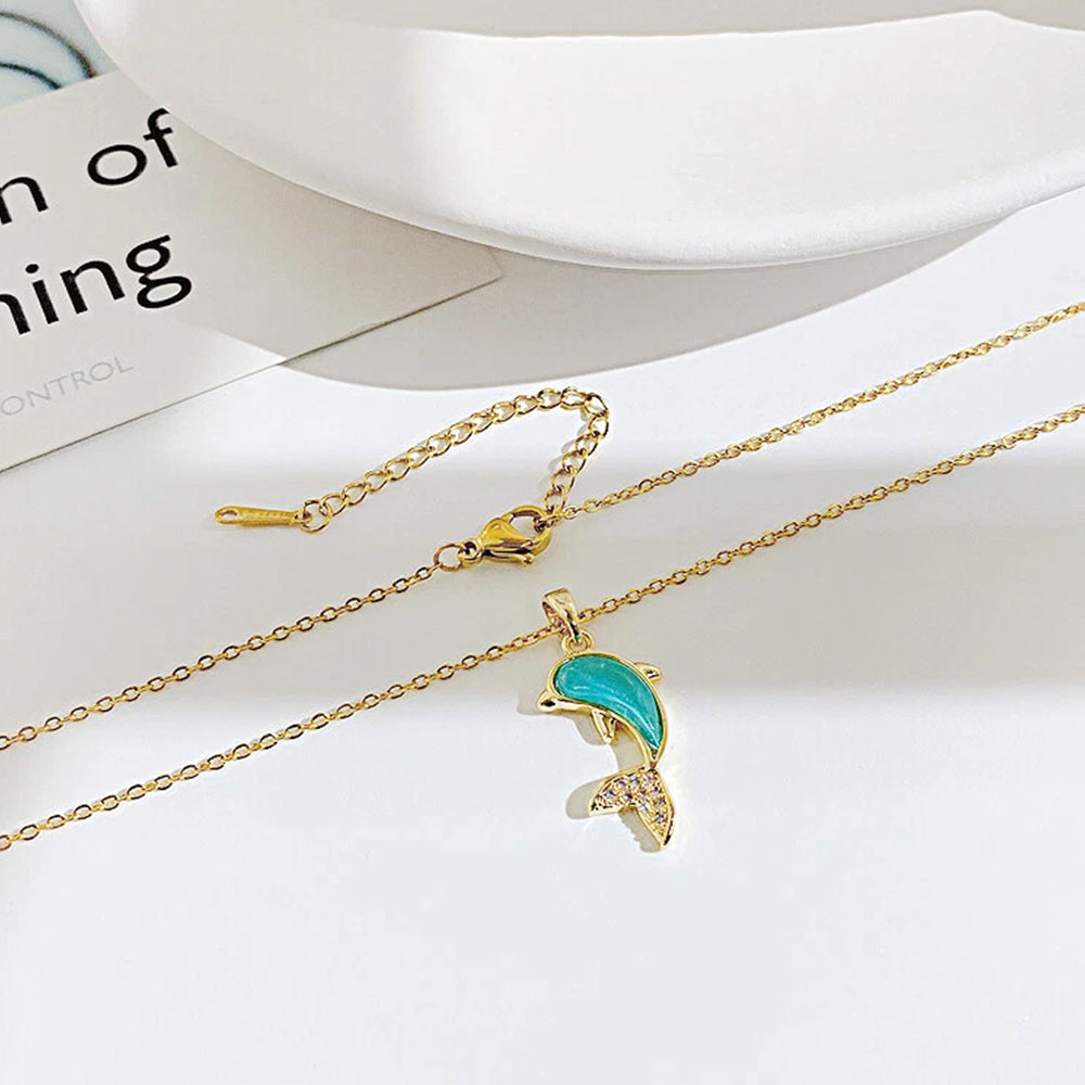European Stainless Steel Blue Dolphin Pendant Necklace | Elegant Jewelry Gift for Women