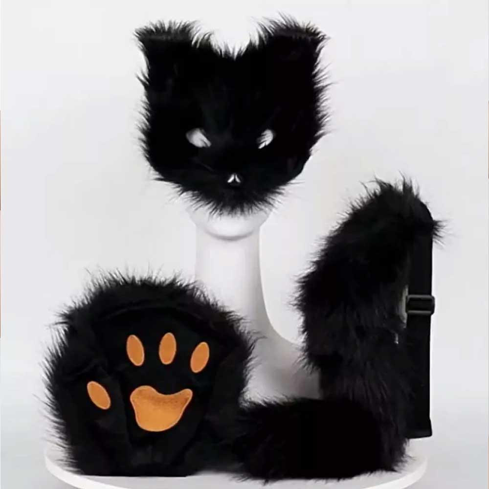 Furry Cat Fox Mask Christmas Party Cat Fox Cosplay Costume Mask Tail Paws Set