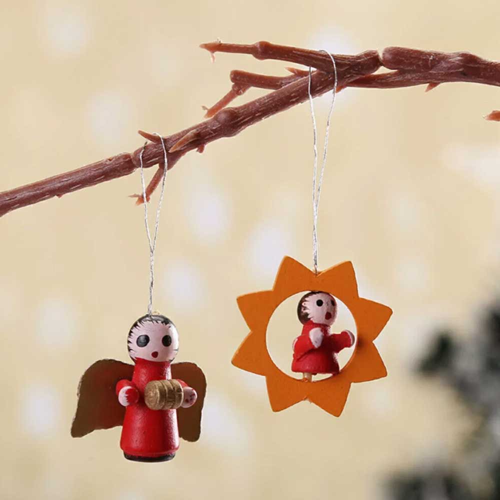 Miniature Wooden Christmas Tree Decor Figures Pendant Hanging Xmas Ornament Set