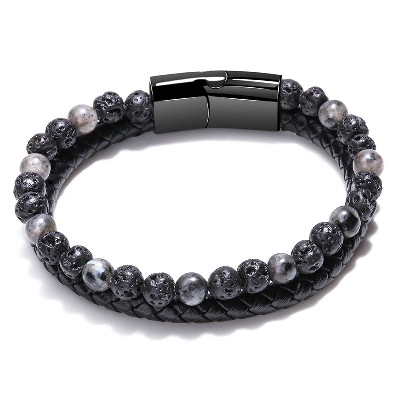 Me Natural Tiger Eye Stone Beads Bracelet Matte Black Onyx Leather Bracelet 23CM
