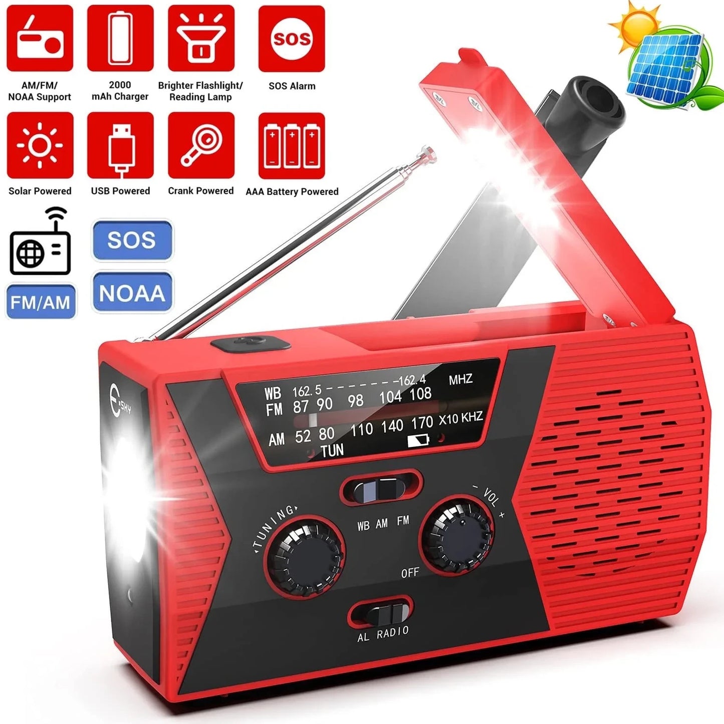 Portable Solar & Hand Crank Emergency Radio – Waterproof with Flashlight & Reading Light