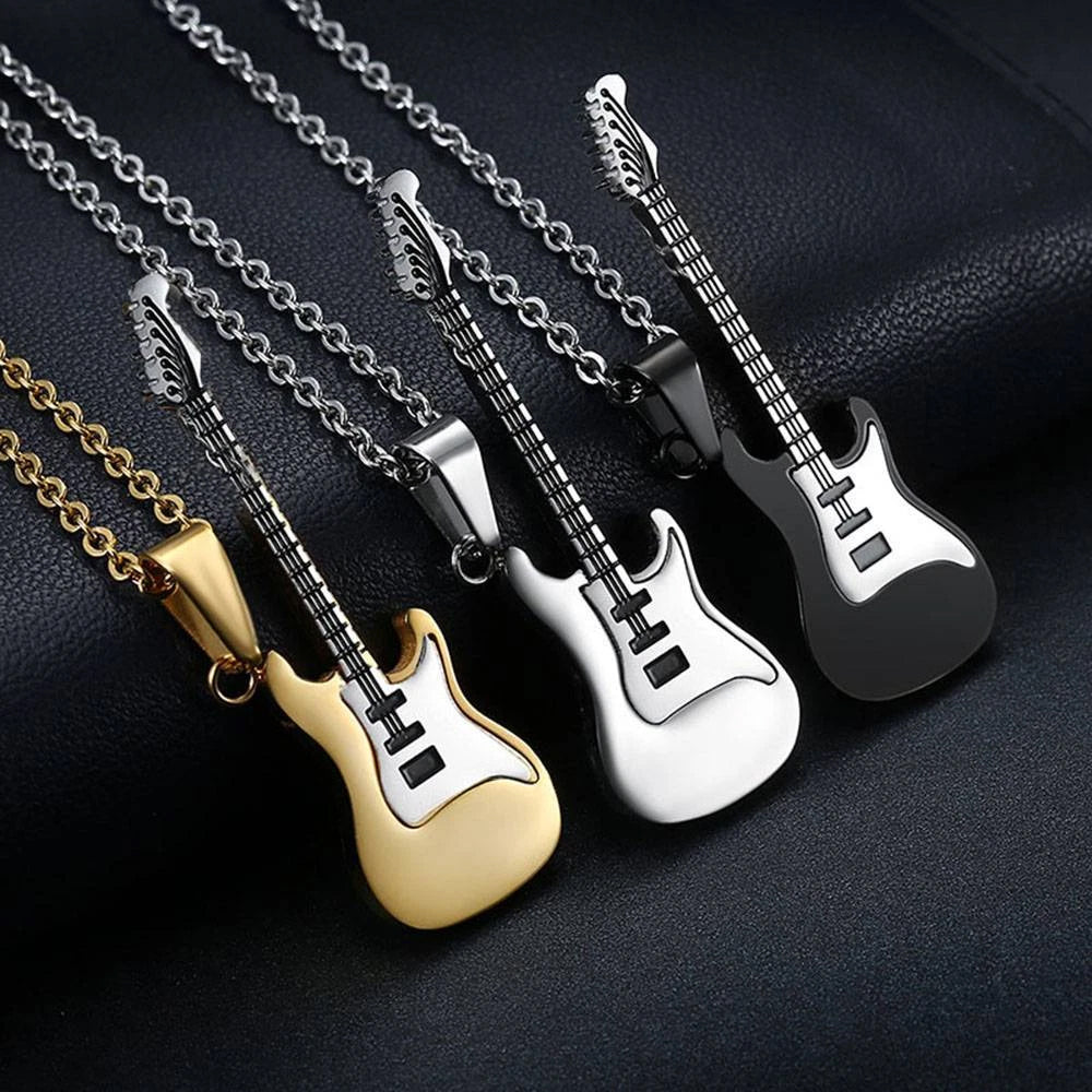 3-Piece Stainless Steel Music Guitar Pendant Necklace Set | Rock Style Unisex Jewelry Gift