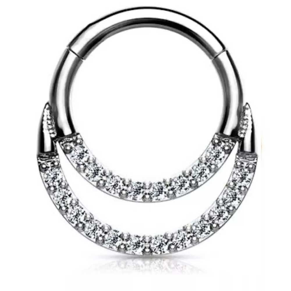 Surgical Steel 16g Double Layered Hinged Ring CZ Clicker Nose Septum Piercing