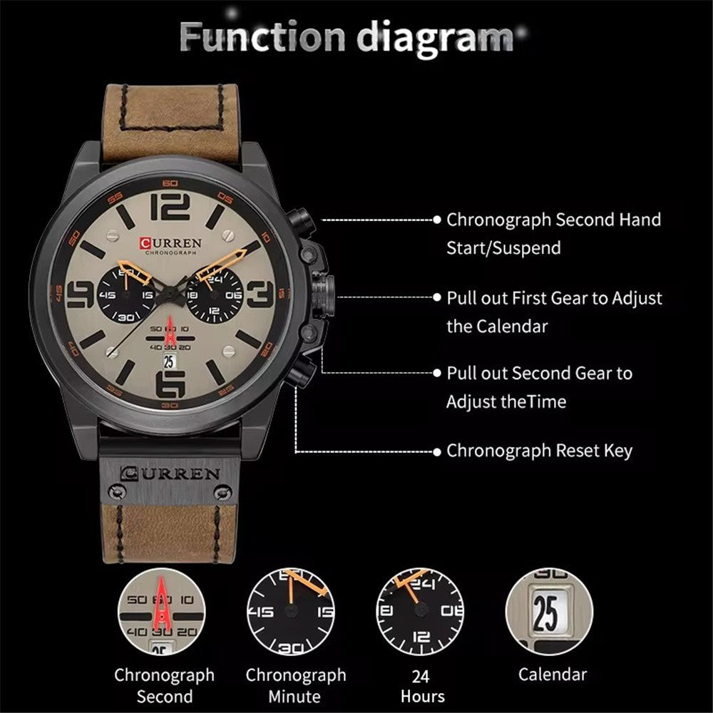 Men's Business Quartz Watch – Leather Chronograph Calendar 47mm Multifunction