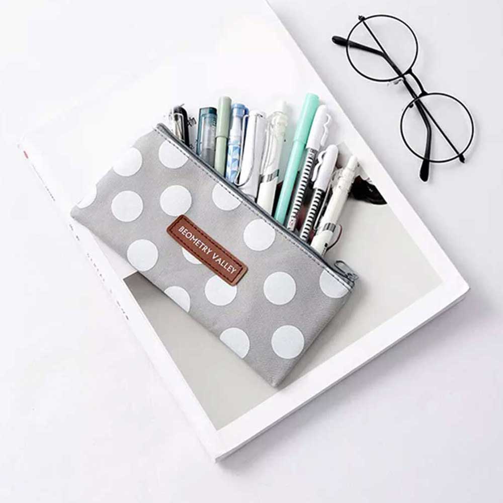 Grid Dots Canvas Pen Box Pencil Case Storage Bag Makeup Brush Pouch Stationery Gift