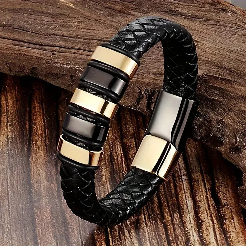 Mens Magnetic Braided Wristband Leather Rope Bracelet Bangle Wrap Black 22 cm