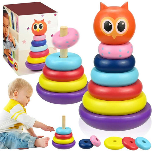 Owl Tumbler Stacking Toy Wooden Rainbow Spinning Rings Tower