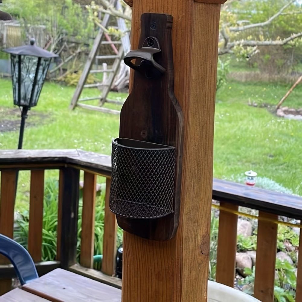 Wall-Mounted Beer Opener – Bottle Cap Catcher for Kitchen Bar, Wooden Design